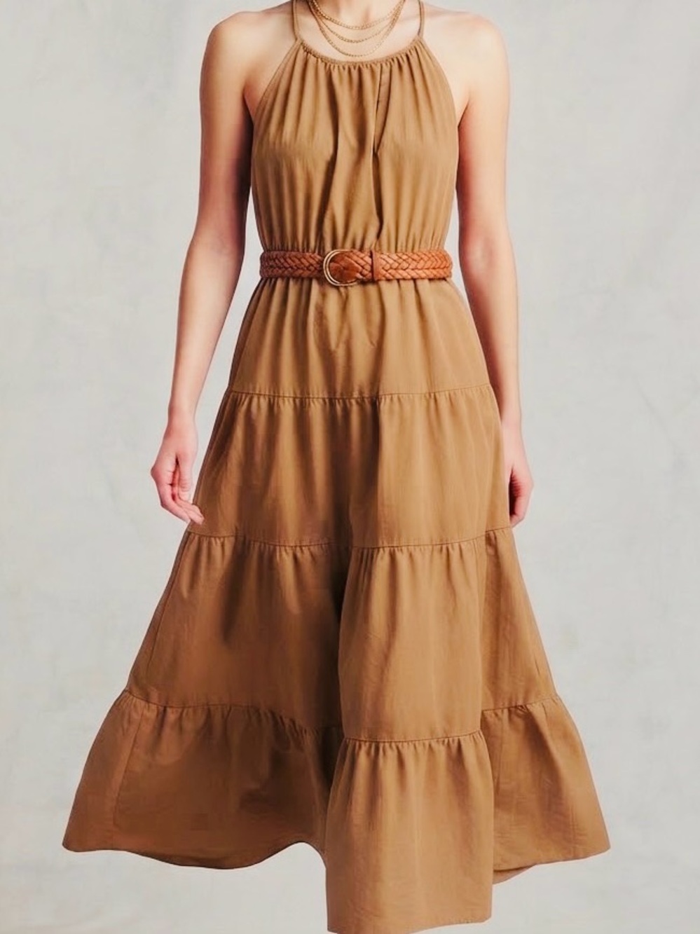 Seed Heritage Camel Brown Halter Tiered Midi Dress Sleeveless Pockets Sz xl